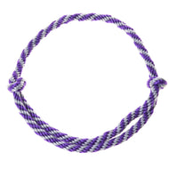 The Cordeo lila stripe by Hobby Horse LarDen features intertwined purple and white polypropylene rope with knots on each side—ideal as a handmade cordeo for your hobby horse, shown against a white background.