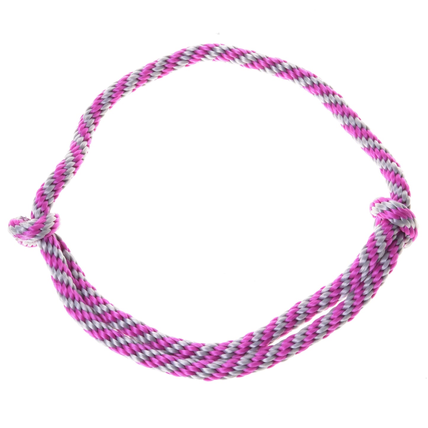 Cordéo rayé rose de Hobby Horse LarDen, avec brins torsadés roses, blancs et violets faits main en boucle circulaire avec extrémités nouées, idéal pour monter sans bride. Présenté élégamment sur fond blanc.