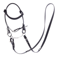 The Hobby Horse LarDen Complete bridle without noseband Pure Black features black leatherette with silver fittings and detachable reins, perfect for hobby horse enthusiasts. Shown on a white background.