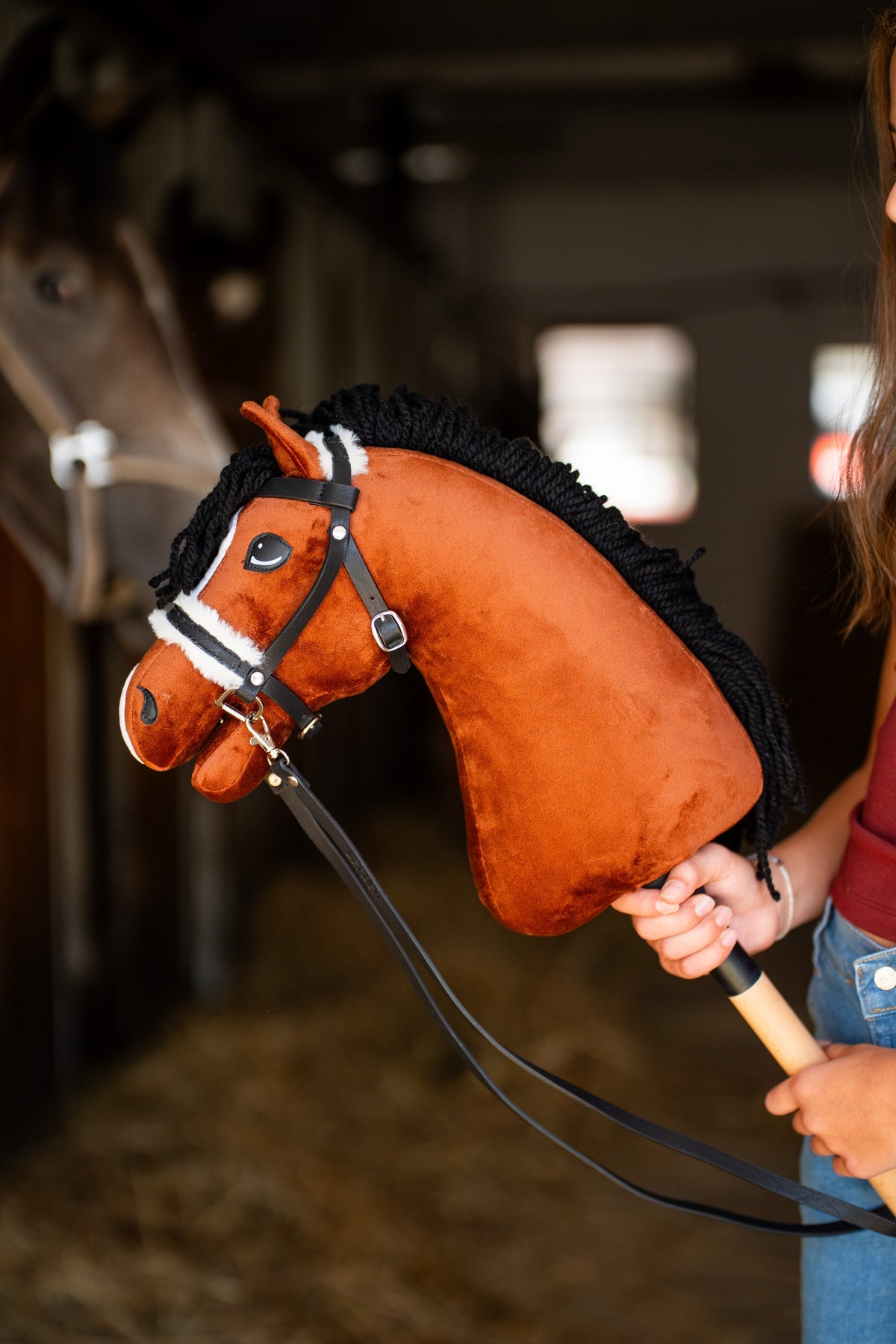 Der Kopf des Hobby Horse Rocky von Hobby Horse LarDen in einem Stall, dahinter ein unscharfes echtes Pferd – fuchsbrauner Plüsch, weiße Blesse, schwarze Garnmähne – mit komplettem schwarzem Zaumzeug mit Fell und Zügeln