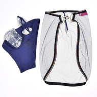 The Set Fly Combo by Hobby Horse LarDen features dark blue mesh underwear and a white mesh skirt with black trim and a clasp, laid flat on a white background—perfect for adding playful flair to your next Hobby Horsing outfit.