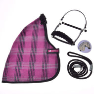 The Hobby Horse LarDen Set Harmony Pink includes a pink and black plaid stable blanket, black halter with fuzzy lining, matching lead rope, and a horse badge—ideal for any Hobby Horse fan.