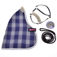 The Harmony Victory set by Hobby Horse LarDen includes a blue plaid stable blanket, black halter with white fleece, coiled black lead rope with metal clip, and a round horse head badge on white.