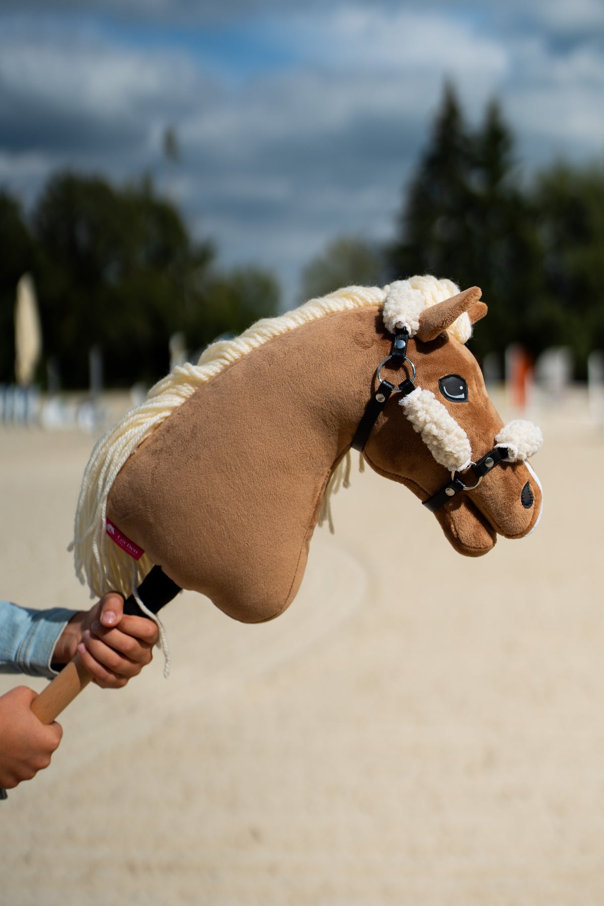 Hobby Horse Smart mit Black Halter im Freien, mit braunem Plüschkopf, schwarzem Halfter und Holzstab