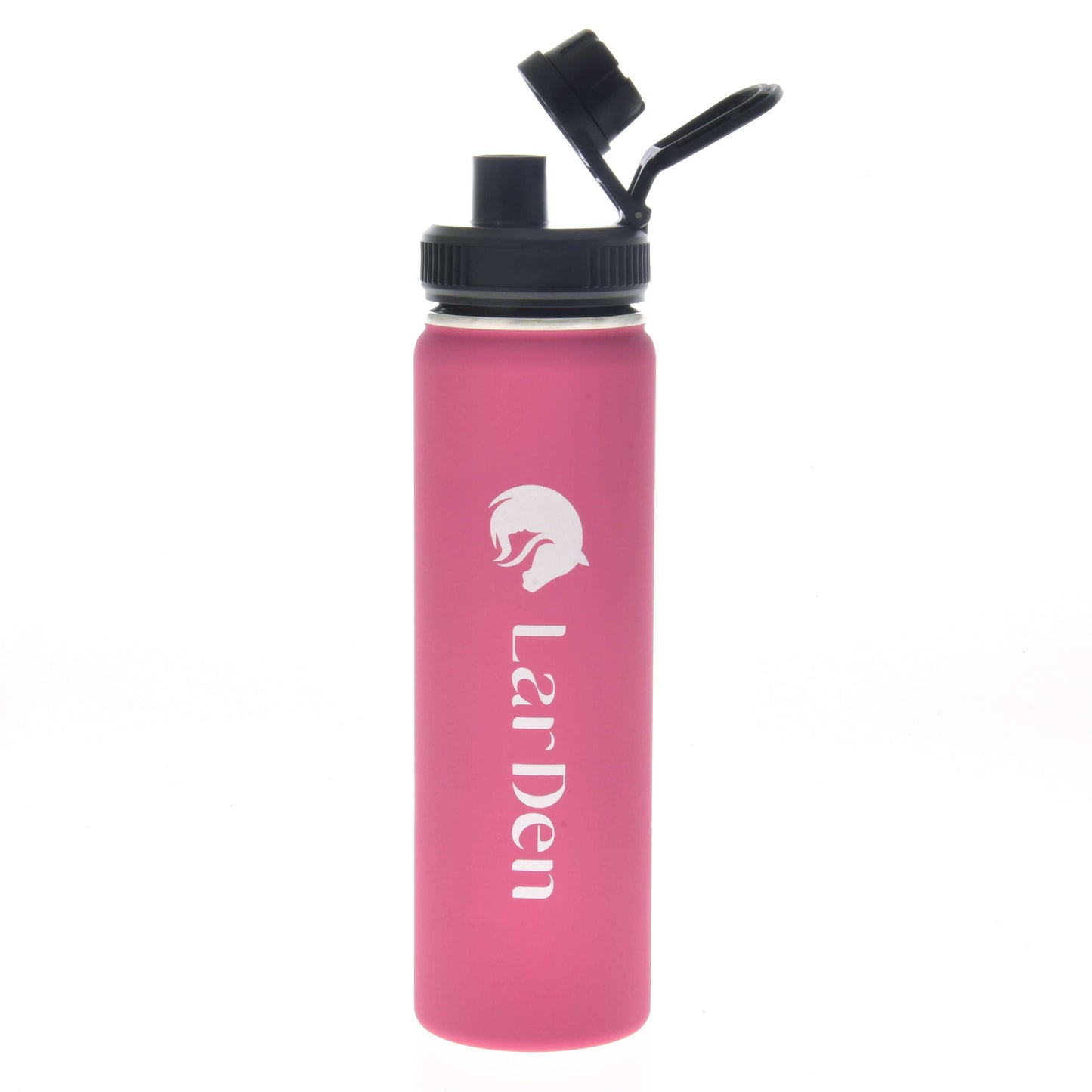 Eine rosa Sportflasche LarDen von Hobby Horse LarDen mit schwarzem Klappdeckel und weißem Fuchslogo über dem vertikalen LarDen-Schriftzug. Aus doppelwandigem Edelstahl für hervorragende Isolierung.