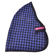 A blue and black houndstooth-patterned horse ear bonnet with black trim and a pink tag, perfect for pairing with your Hobby Horse LarDen Stable Blanket Blue during horse training or hobby horse activities.