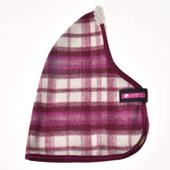 The Stable Blanket LarDen by Hobby Horse LarDen is a maroon, pink, and white plaid fleece dog coat with a cream sherpa-lined neck and black “LarlDen” label, shown against a white background.