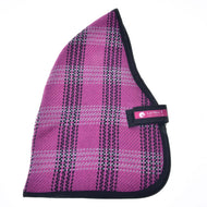 The Hobby Horse LarDen Stable Blanket Pink is a pink and black plaid triangle with black trim, a curved edge, black strap, and pink Laz Bien label—ideal for your favorite hobby horse.