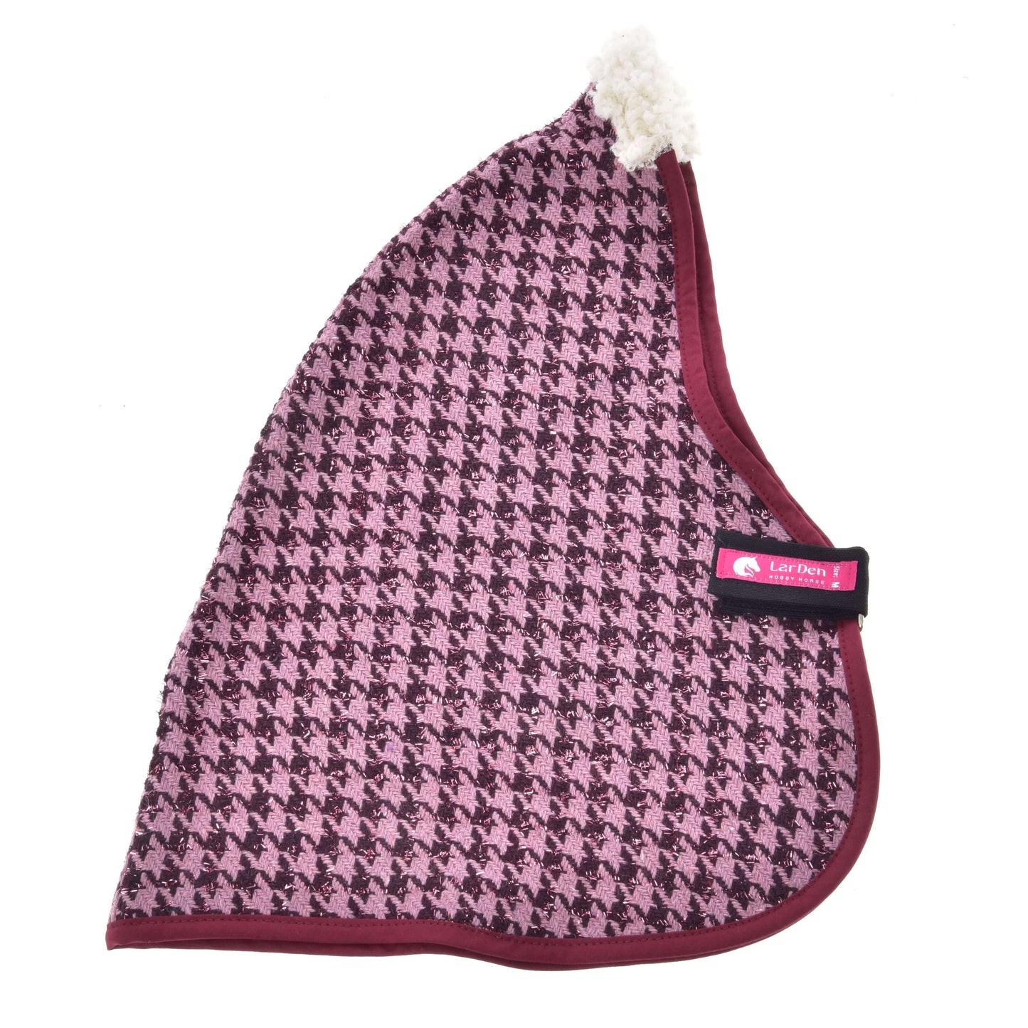 Couverture d'écurie Magie d'Hiver de Hobby Horse LarDen, couverture triangulaire en PES à motif pied-de-poule rose et bordeaux avec bordure bordeaux, boucle supérieure blanche et étiquette rose LickiMat.