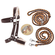 The Set Perfect Combination Brown from Hobby Horse LarDen includes a brown and beige fur-padded halter, two braided brown and yellow lead ropes with metal clips, and a round Loyal cartoon horse badge—ideal Hobby Horse accessories.