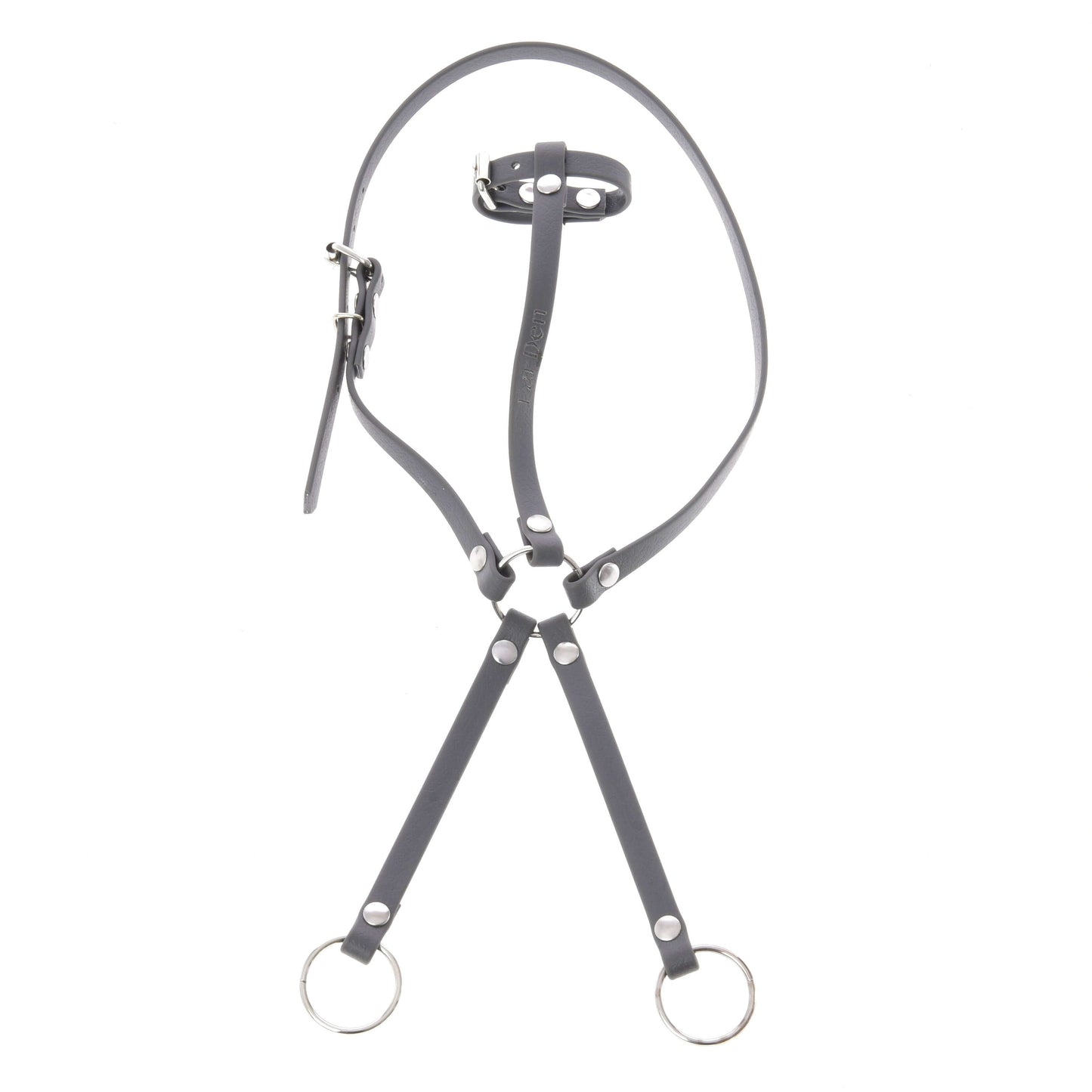 Die Hobby Horse LarDen Martingale dunkelgrau hat ein Kunstleder-Design mit Metallschnalle, verstellbaren Riemen und zwei Metallringen an den Enden, flach liegend vor weißem Hintergrund.