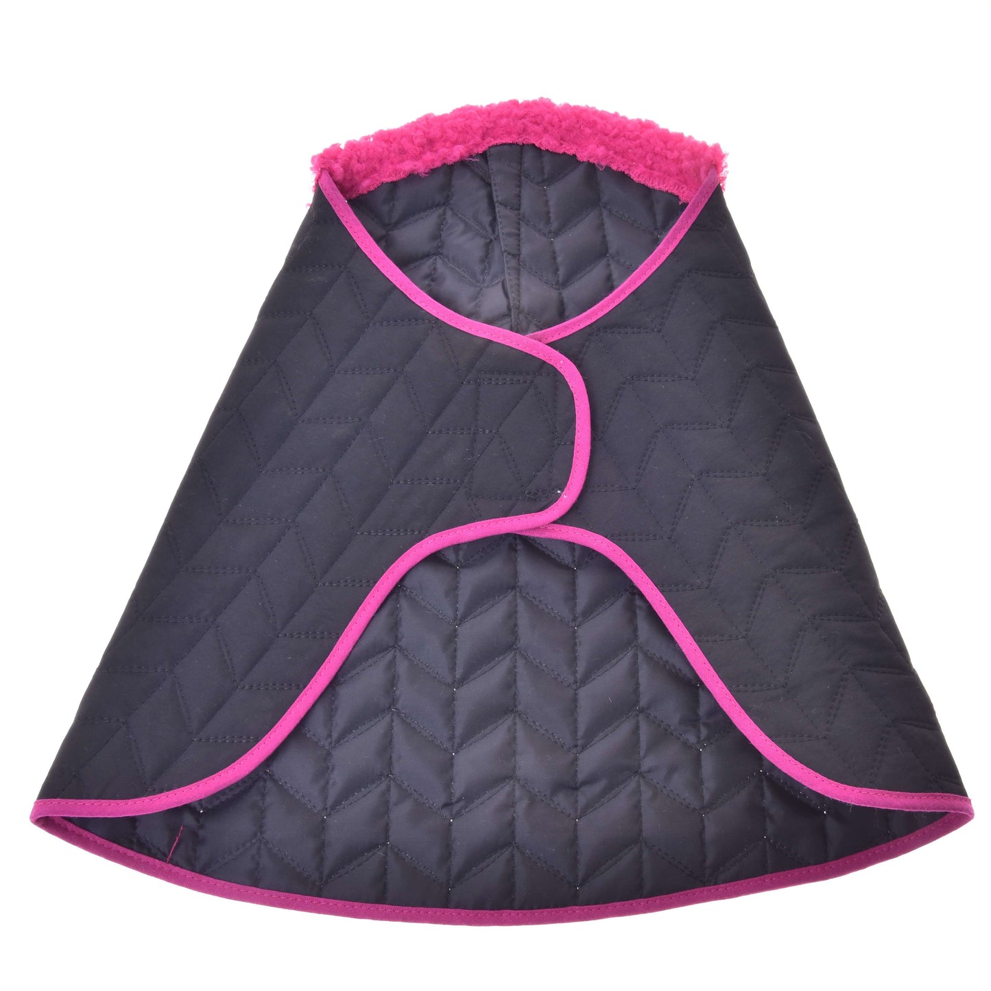 Ensemble Thermo Noir avec Fourrure de Hobby Horse LarDen, manteau noir matelassé pour animal avec bordure rose vif et col en fausse fourrure rose. Il se ferme à l'avant pour envelopper votre compagnon à fourrure d'une chaleur douillette de type couverture.
