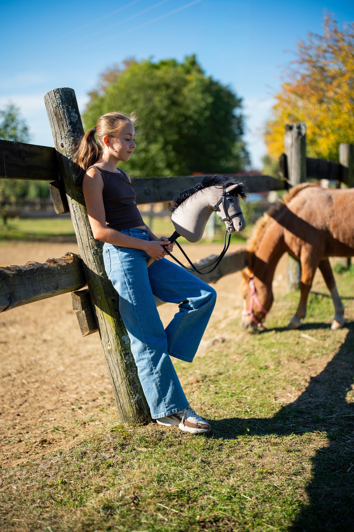 Lifestyle photo: a girl in a brown top and jeans leans on a wooden fence post holding the Hobby Horse Thor with Black Halter by Hobby Horse LarDen - grey plush head with a black yarn mane - a pony grazing in the paddock behind her, shown here with the Complete black bridle with diamonds.