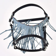 The Halter black with fringes turquoise light by Hobby Horse LarDen features black leather, light blue fringe, and silver hardware—ideal for a hobby horse or as a stylish addition to any collection.