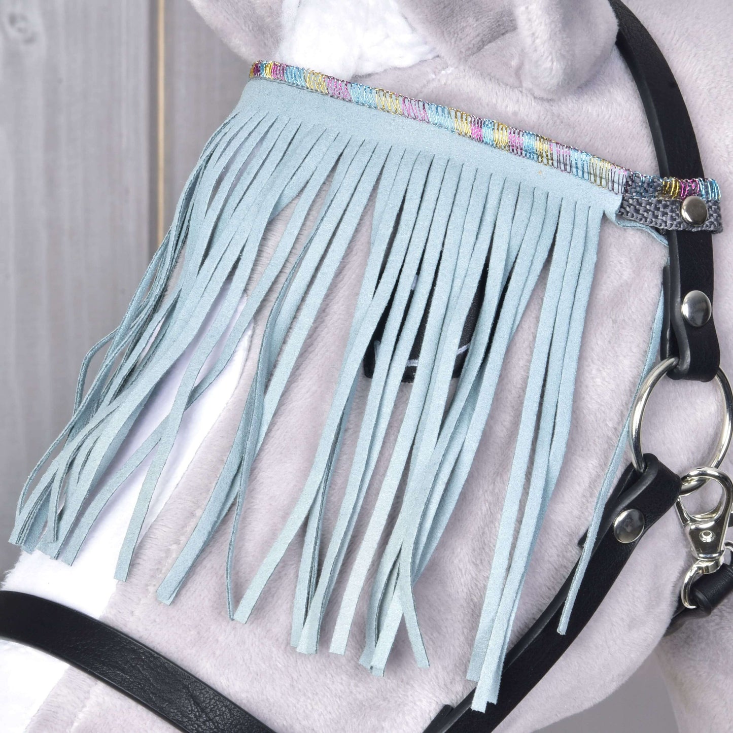 Gros plan d’un cheval gris clair portant le Licol noir avec franges turquoise clair de Hobby Horse LarDen avec bordure tissée colorée au-dessus de l’œil.