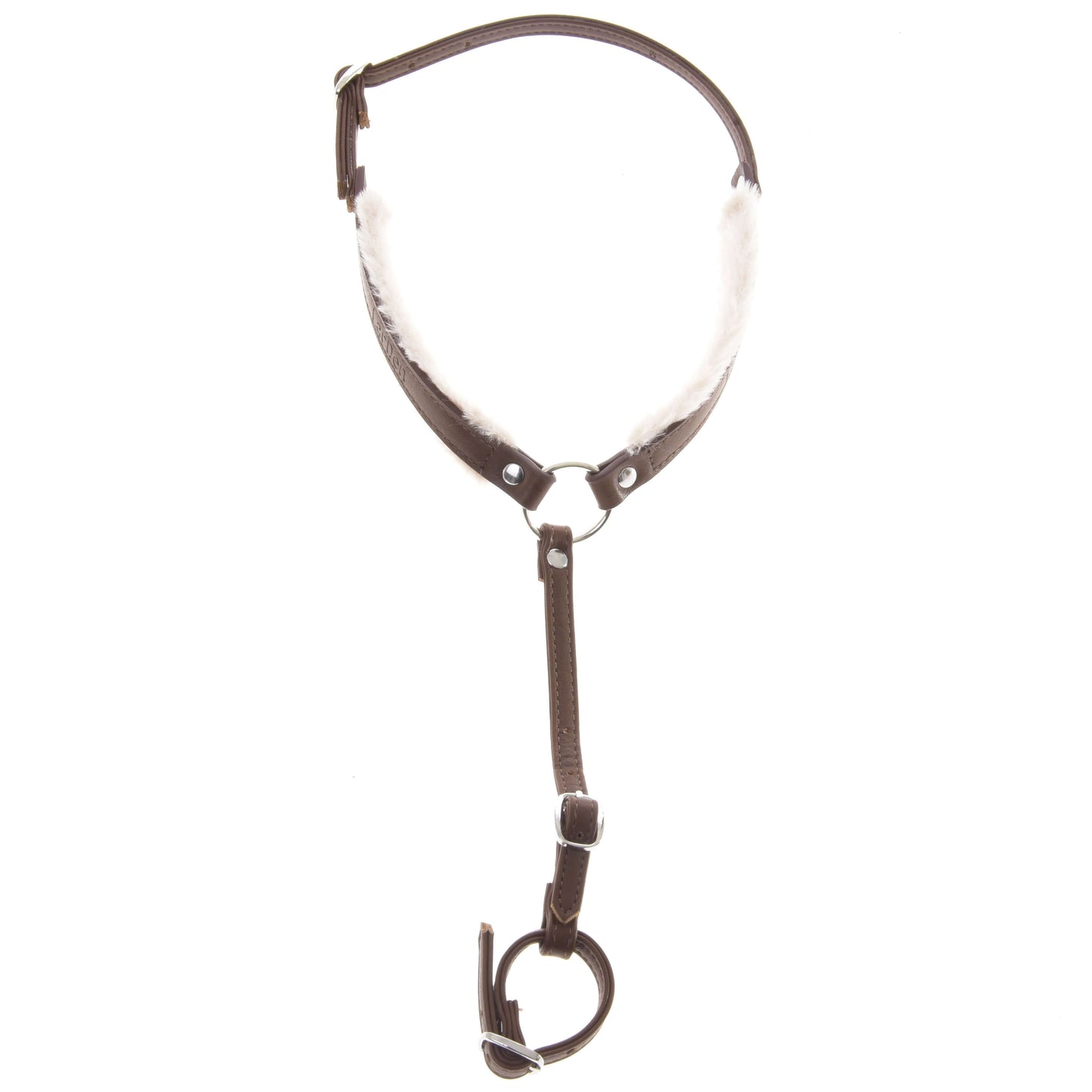 The Hobby Horse LarDen Breastgirth with fur Walnut is shown against a white background; it features brown leather, a fleece lining, adjustable length, and metal hardware.