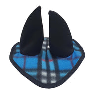 The Hobby Horse LarDen Ear Bonnet checkered blue (fleece) (size M) features tall black fabric ears on a blue and black plaid fleece base—a fun accessory that provides fly protection for hobby horse enthusiasts.