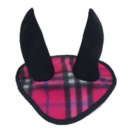The Hobby Horse LarDen Ear Bonnet checkered pink (fleece) size M features a checkered pink fabric base with tall, upright black ears for a playful costume accessory look.