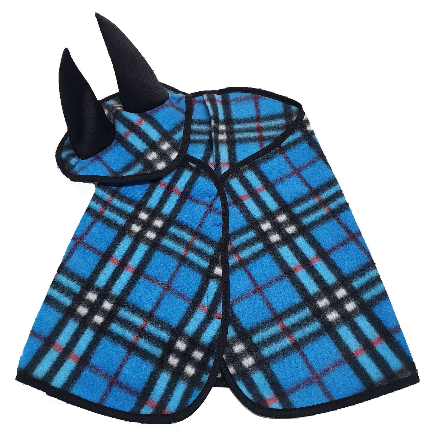 Ensemble à carreaux bleu, polaire (Bonnet d'oreilles + Couverture) (taille M) de Hobby Horse LarDen, offrant une bonne protection pour cheval et un style ludique avec un design à carreaux bleus.
