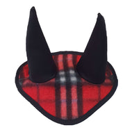 The Hobby Horse LarDen Ear Bonnet Checkered Red (fleece), size M, features red and black plaid fabric with two soft black horns—adding playful style and novelty insect protection for your hobby horse costume.