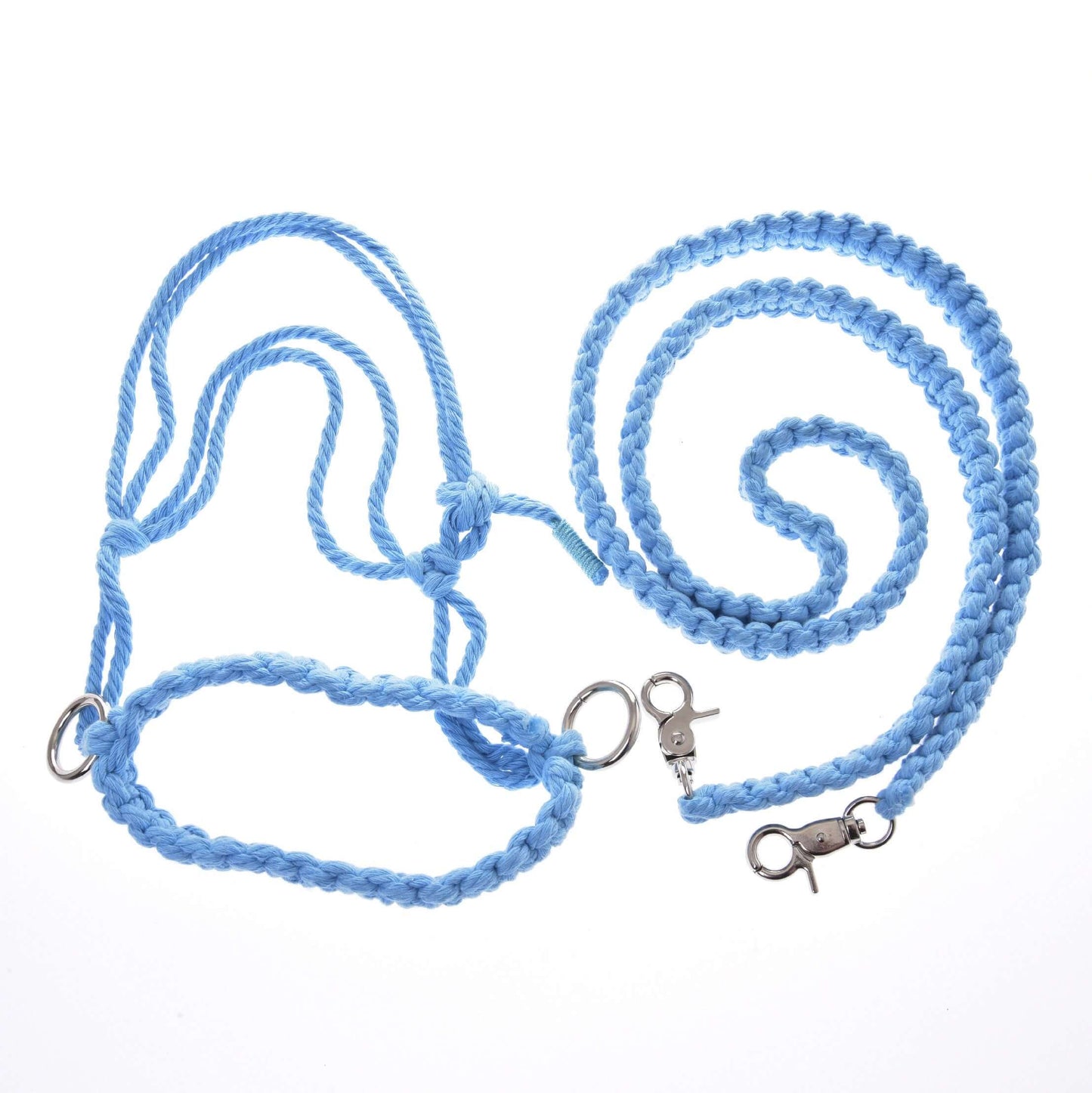 The Hobby Horse LarDen Rope set Cotton Blue (size M) features a light blue braided cotton leash with metal clasps and rings, arranged in loops and spirals—ideal for handmade halters or hobby horse rope sets.