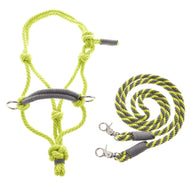 Hobby Horse LarDen Seilset Lime (Gr. M) mit einem leuchtend gelb-grauen Seilhalfter mit Metallringen und einem passenden gedrehten Führstrick, beide mit Metallclips, vor weißem Hintergrund.