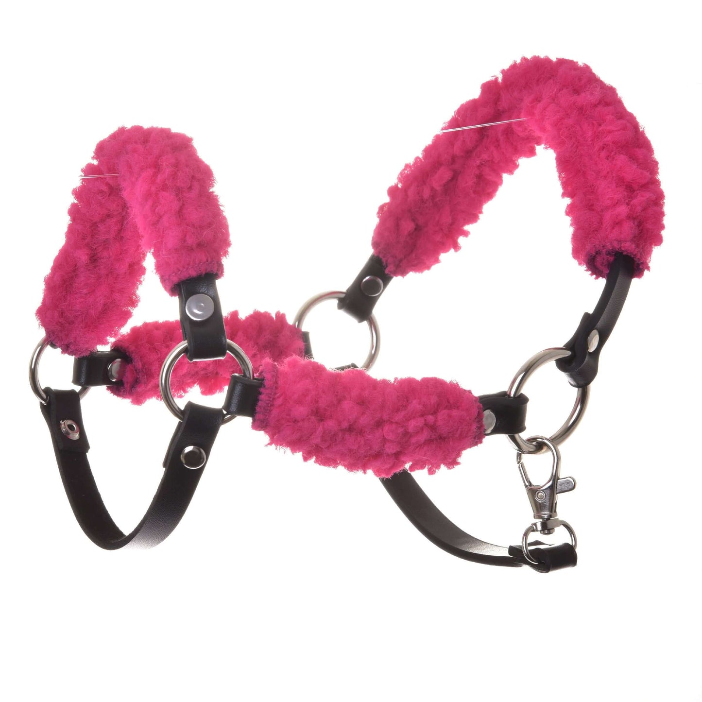 The Hobby Horse LarDen Black halter with complete pink fur—crafted from leatherette—features bright pink fluffy padding and metal hardware, making it a stylish choice for your hobby horse.