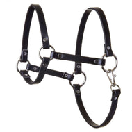 The Hobby Horse LarDen Halter - black leatherette features silver rings, rivets, adjustable straps, and a clasp closure—an ideal accessory for your hobby horse.
