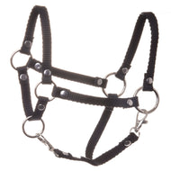 The Halter black by Hobby Horse LarDen is a nylon hobby horse accessory with silver rings and buckles, showcased against a white background.